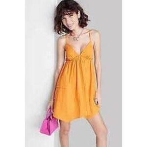 Wild Fable Mustard Yellow Tiered Mini Dress V-Neck Handkerchief Hem NWT